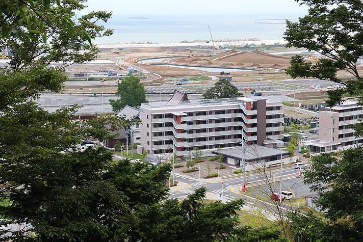 Сильно пострадавший прибрежный район Исиномаки, вид со стороны парка Хиёрияма.